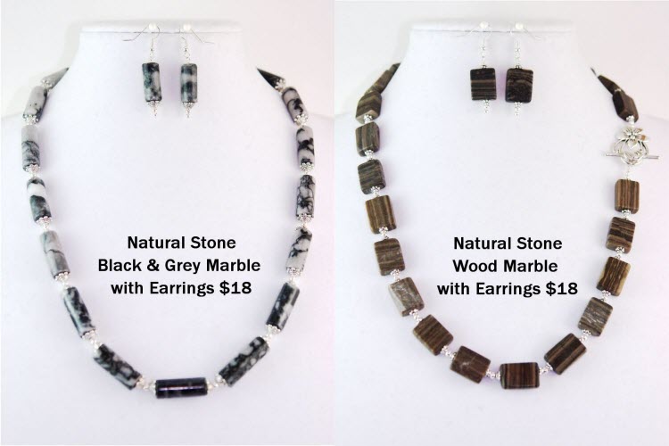 Black and grey marble necklace with earring, $18 and Wood marble necklace with earrings, $18