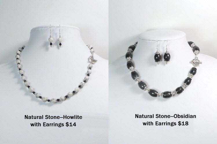 Howlite Necklaace with Earring $14, Obsidian Necklace with Earrings, $18