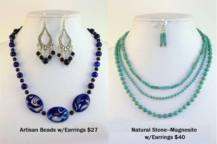 Necklace of artisan beads with earring, $27 and Magnisite Necklace with earrings, $40