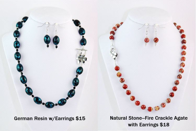German resin necklace with earrings, $15 and fir crackle agate necklace wtih earrings, $18