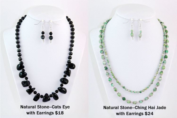 Cats Eye Necklace with earrings, $18 and Ching Hai Jade Necklace with Earrings, $24