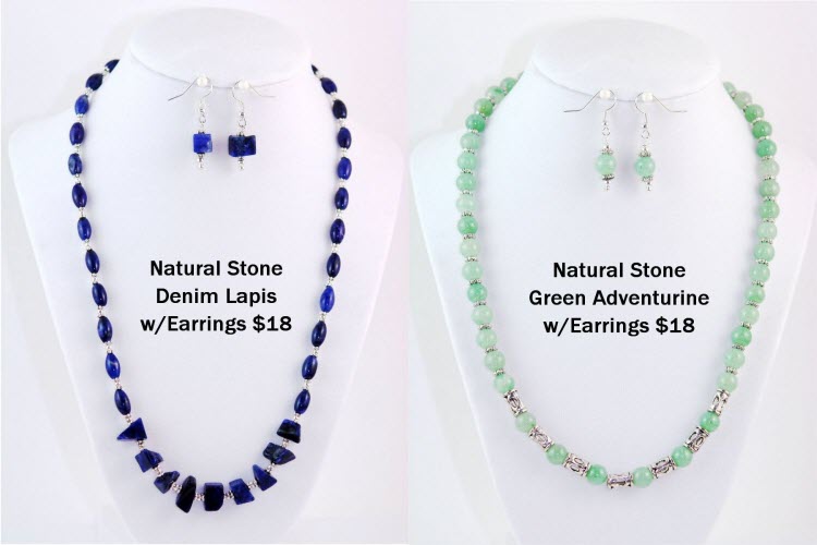 Stone Denim Lapis necklace with earrings, $18 and Green Adventurine stone necklace with earrings, $18