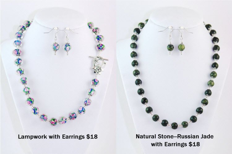 Lampwork necklace with earrings, $18 and Russian jade necklace with earrings, $18
