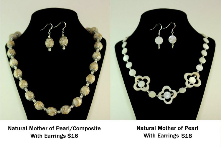 Moter of Pearl composite necklace with earrings, $16 and Mother of pearl necklace with earrings, $18 