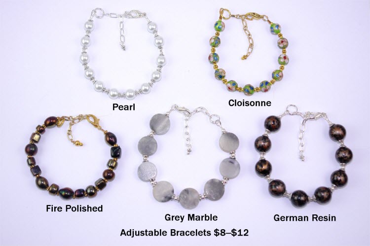 Adjustable Bracelets: pearl, cloisonne, fire polished, grey marble, german resin from $8 - $12